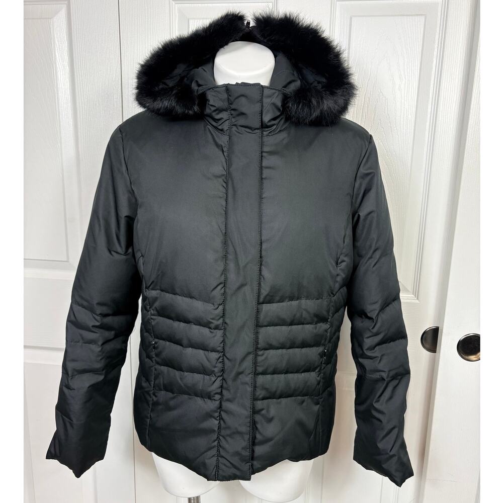 Cole B Sport Black Down Puffer Jacket Rabbit Fur Trim Hood Size L